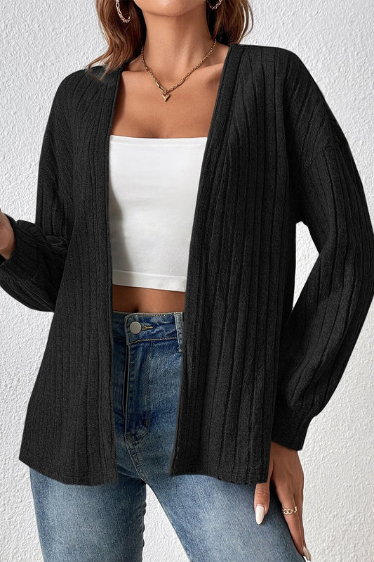 Black Plus Size Drop Shoulder Open Front Ribbed Knit Cardigan Outerwear JT's Designer Fashion