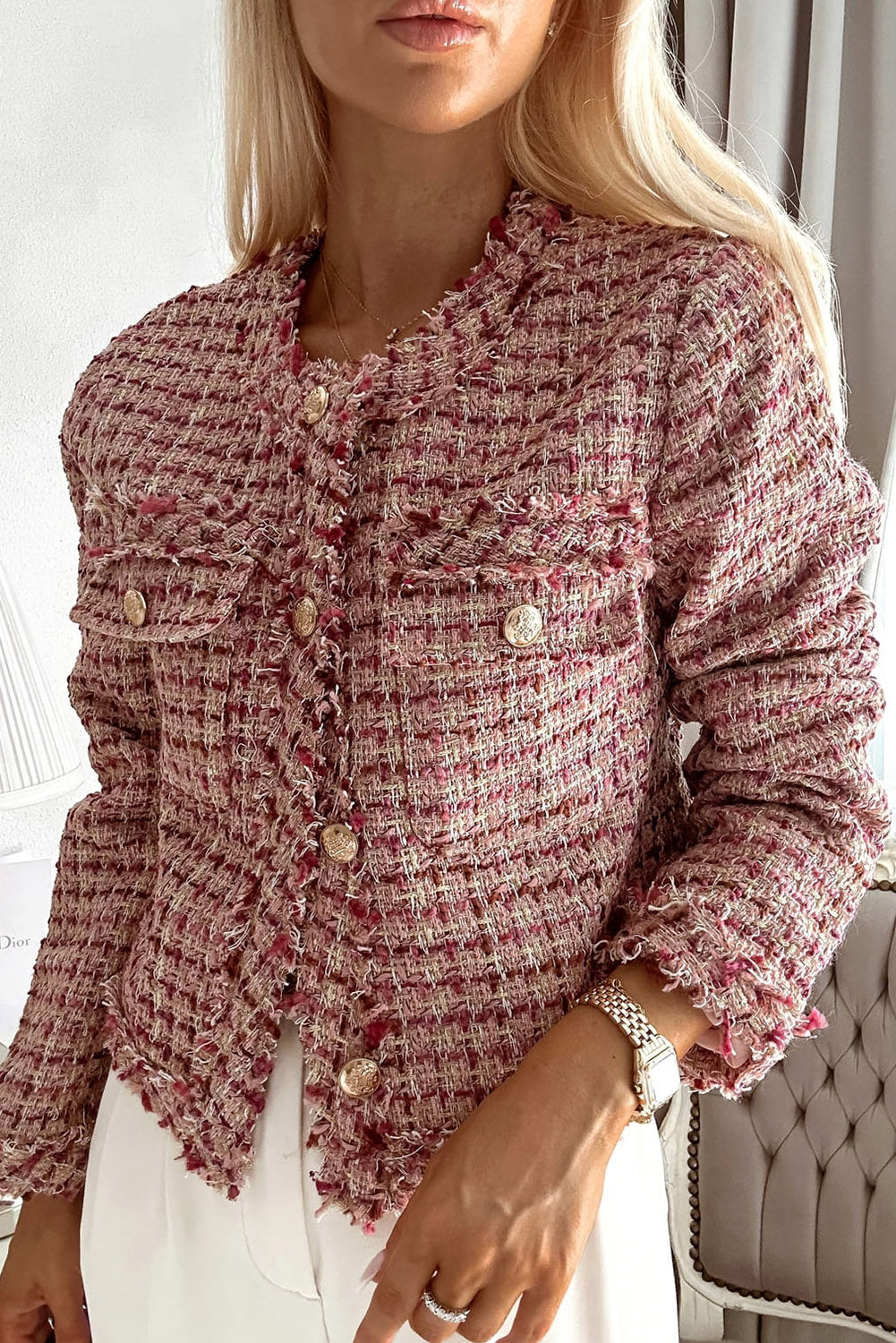 Rose Pink Metal Buckle Tweed Jacket Outerwear JT's Designer Fashion