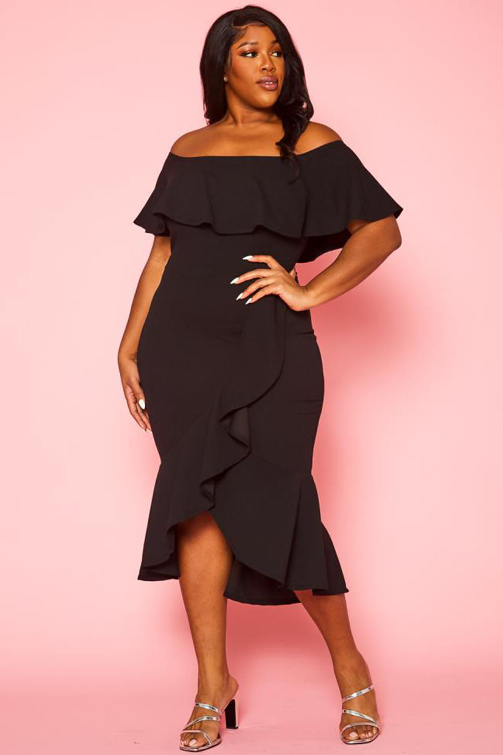 Black Ruffled Off Shoulder High Low Plus Size Dress Plus Size JT's Designer Fashion