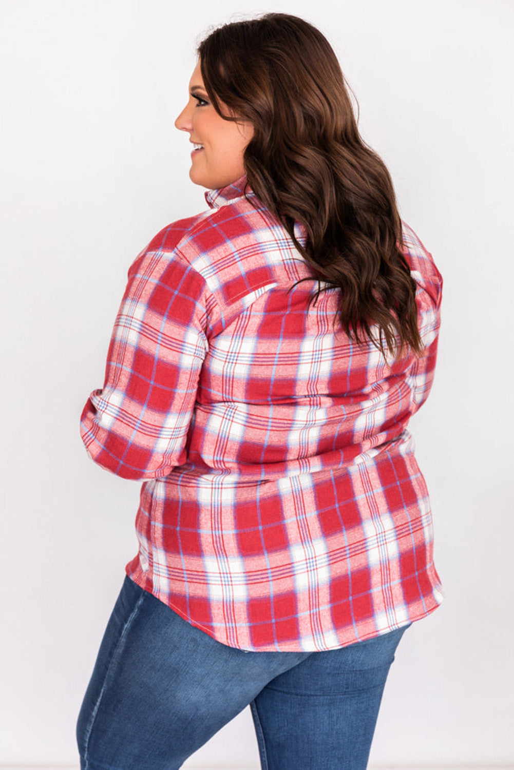 Red Plus Size Plaid Print Flap Pockets Shirt Plus Size JT's Designer Fashion