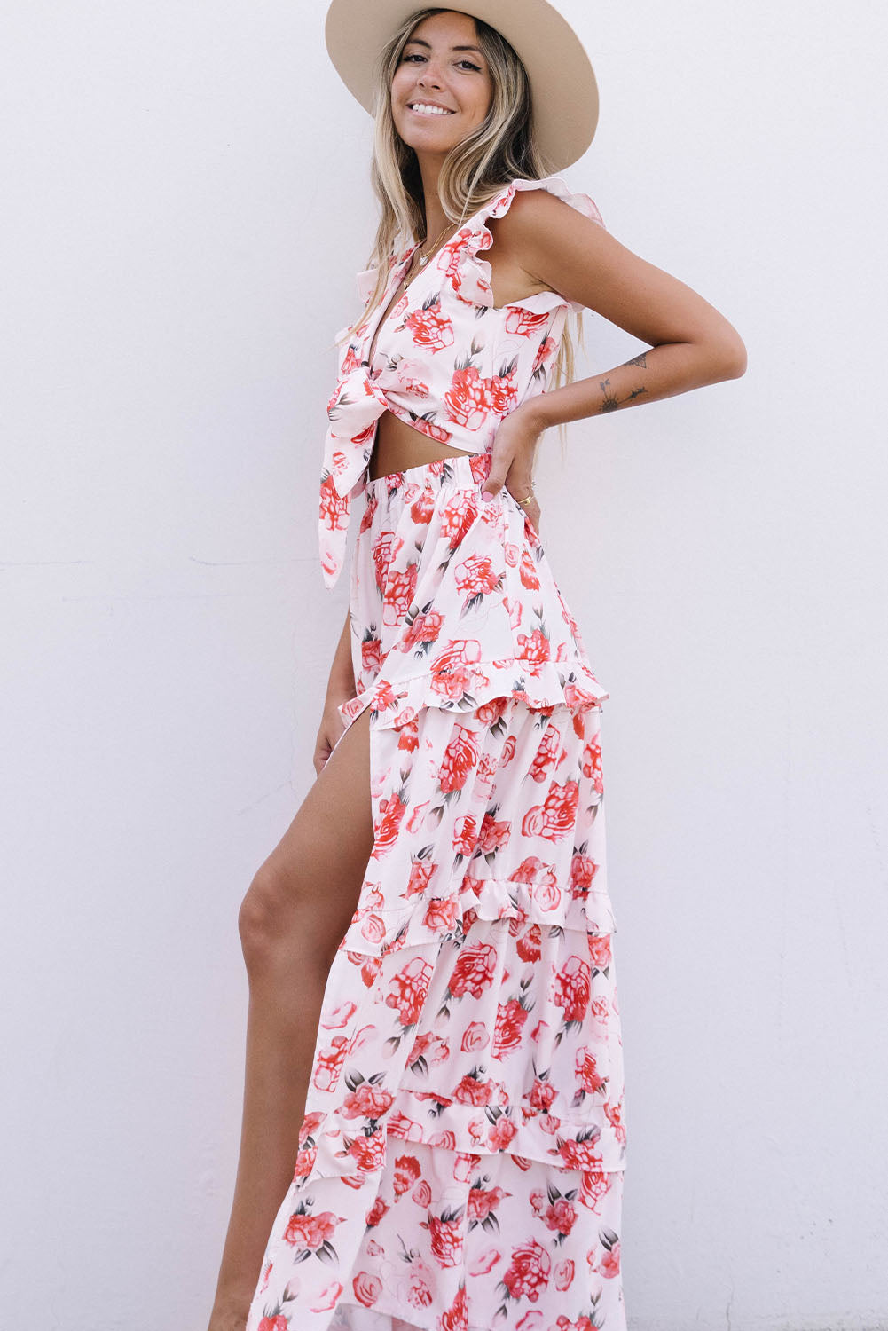 Pink Floral Print Front Knot Side Slit Dress Floral Dresses JT's Designer Fashion