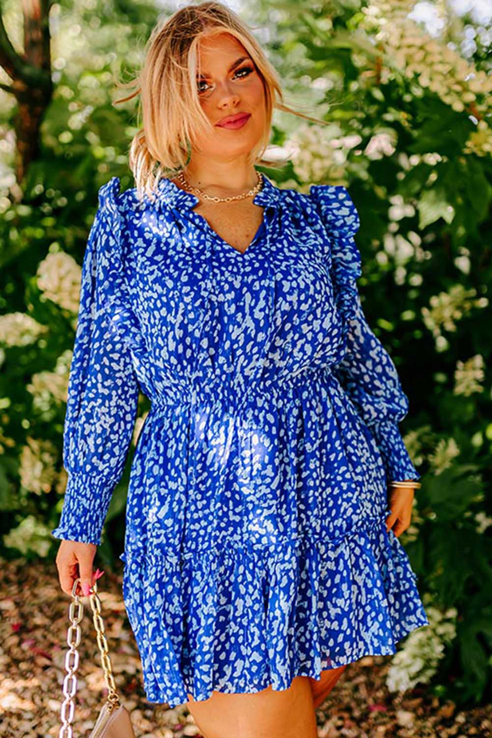 Blue Spotty Print Plus Size Split Neck Ruffle Mini Dress Plus Size JT's Designer Fashion