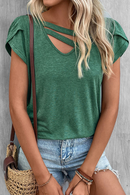 Green Strappy V Neck Overlap Short Sleeve Top Tops & Tees JT's Designer Fashion