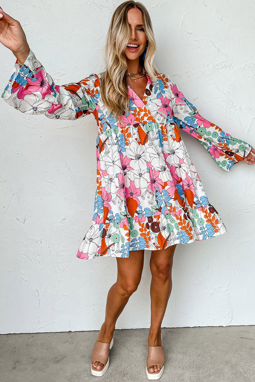 White Floral Long Sleeve V-Neck Ruffled Dress Dresses JT's Designer Fashion