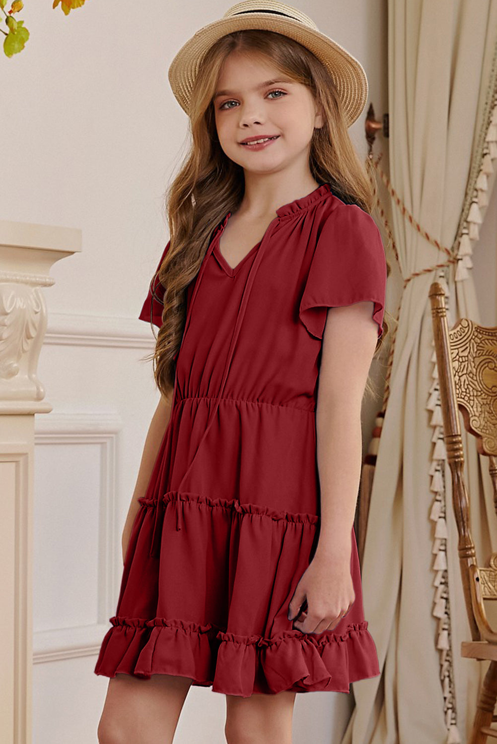 Girls Frilled Notched Neck Puff Sleeve Dress Girls Dresses JT's Designer Fashion