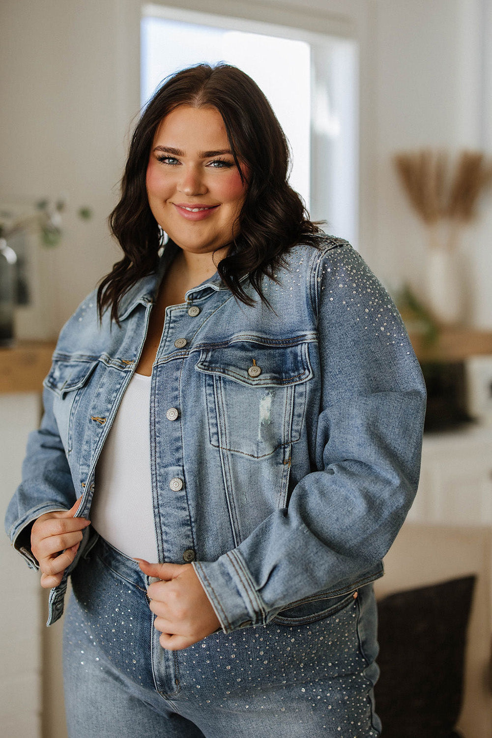 Sky Blue Plus Size Rhinestone Denim Jacket Denim jackets JT's Designer Fashion