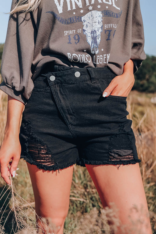 Black Asymmetrical Ripped Denim Shorts Denim Shorts JT's Designer Fashion