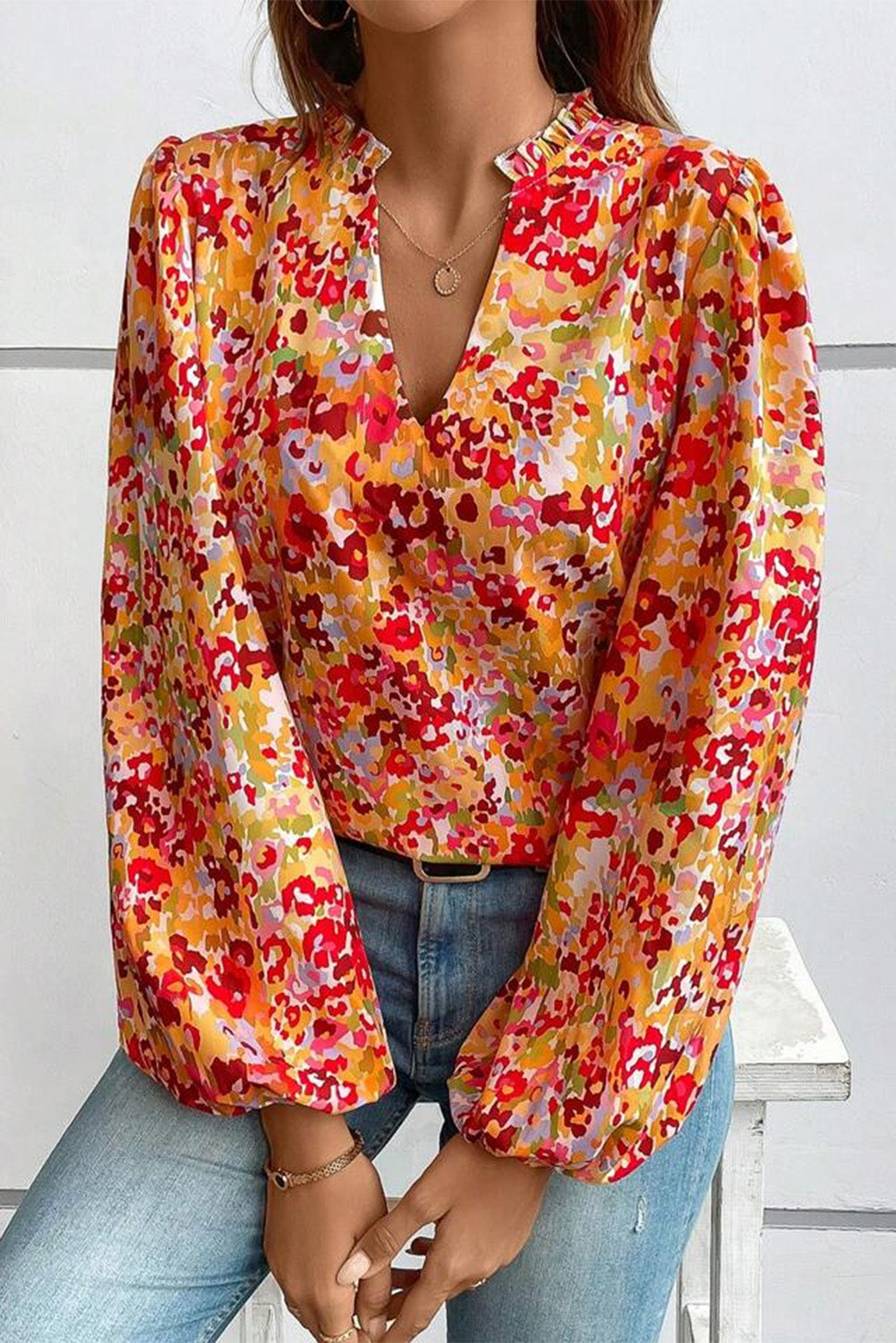 Grapefruit Orange Frilled Split Neck Bubble Sleeve Floral Blouse Tops & Tees JT's Designer Fashion