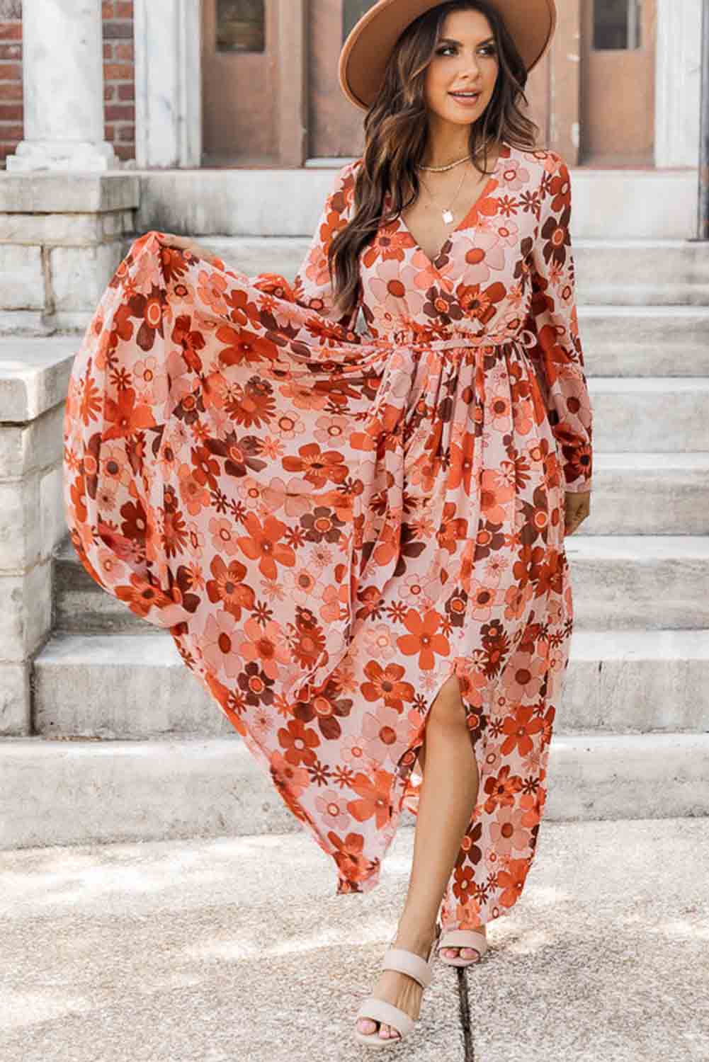 Orange Floral V-Neck Long Sleeve Belted Maxi Dress Dresses JT's Designer Fashion