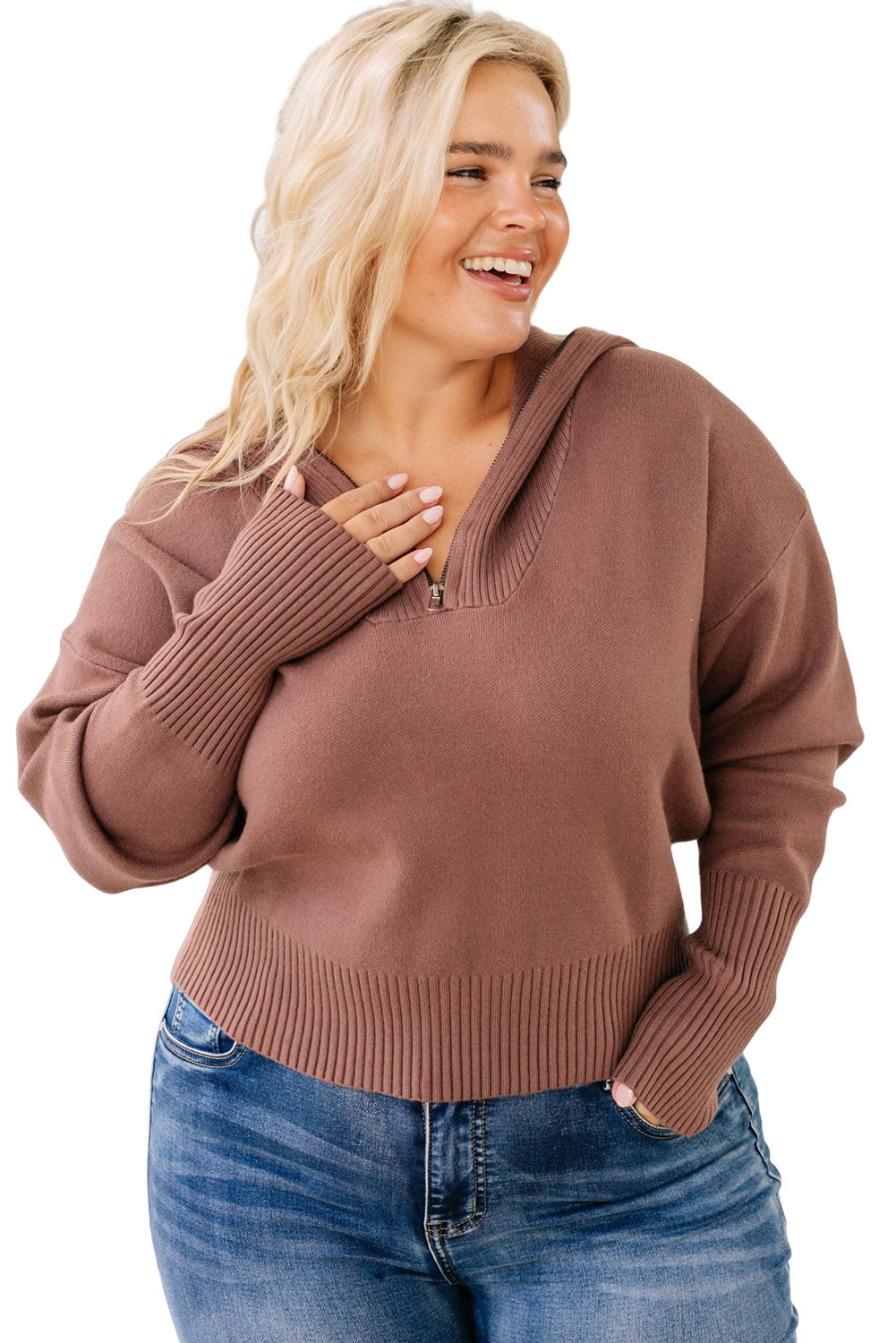 Brown Solid Ribbed Trim Plus Size Zip Collar Sweater Plus Size JT's Designer Fashion