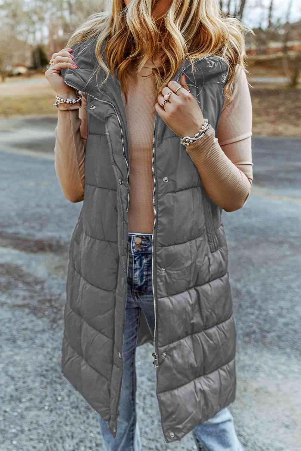 Longline Hooded Sleeveless Puffer Vest Coats & Jackets JT's Designer Fashion