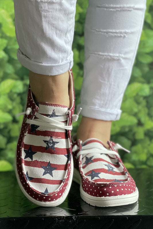 Red Canvas Star & Stripe Print Slip-on Flat Shoes Women's Shoes JT's Designer Fashion