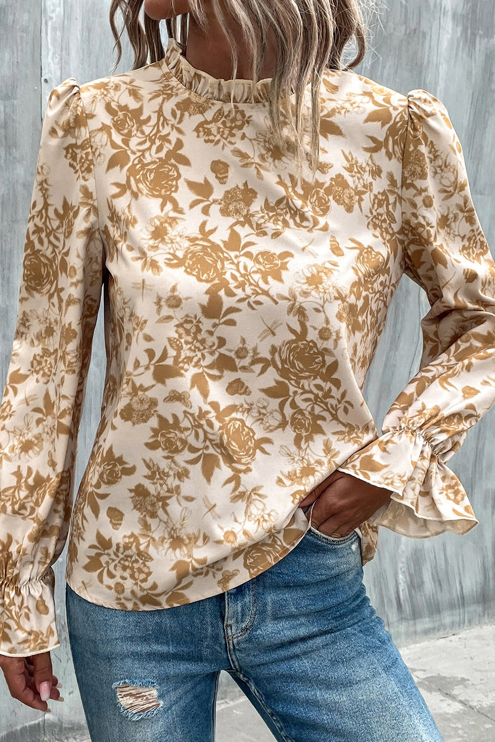 Snow White Floral Print Frilled Neckline Flounce Sleeve Blouse Tops & Tees JT's Designer Fashion