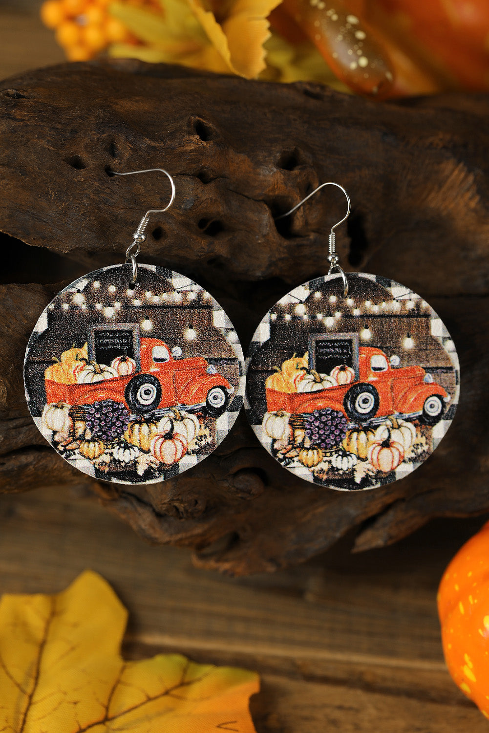 Multicolor Pumpkin Truck Print Round Drop Earrings Jewelry JT's Designer Fashion