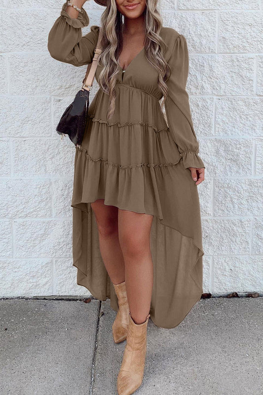 Khaki Tiered Ruffled High Low Long Sleeve Dress Khaki 100%Polyester Maxi Dresses JT's Designer Fashion