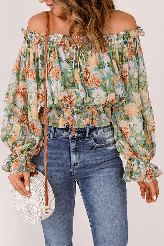 Green Floral Print Off the Shoulder Blouse Blouses & Shirts JT's Designer Fashion