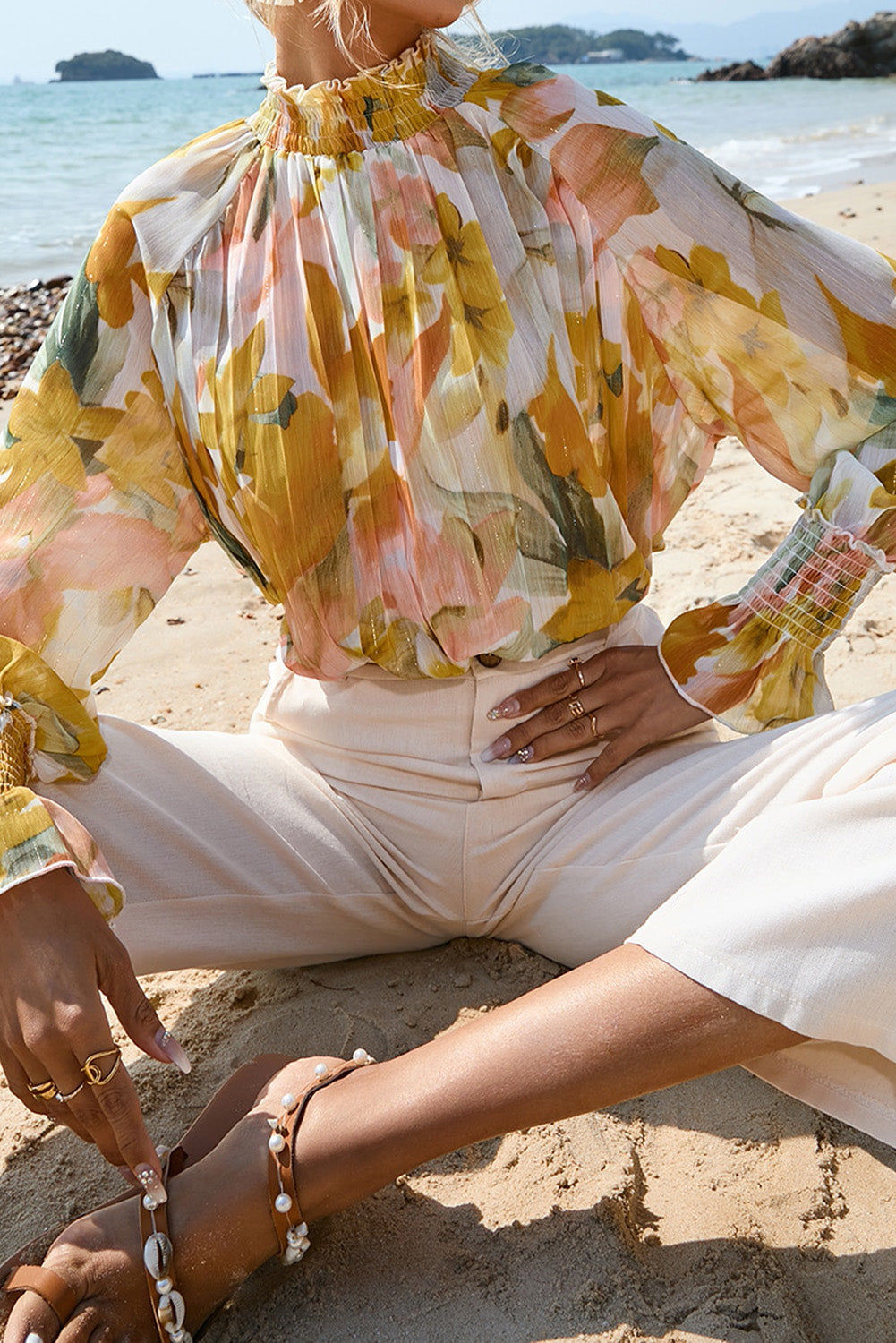 Yellow Floral Flounce Sleeve Smocked Neck Pleat Blouse Tops & Tees JT's Designer Fashion