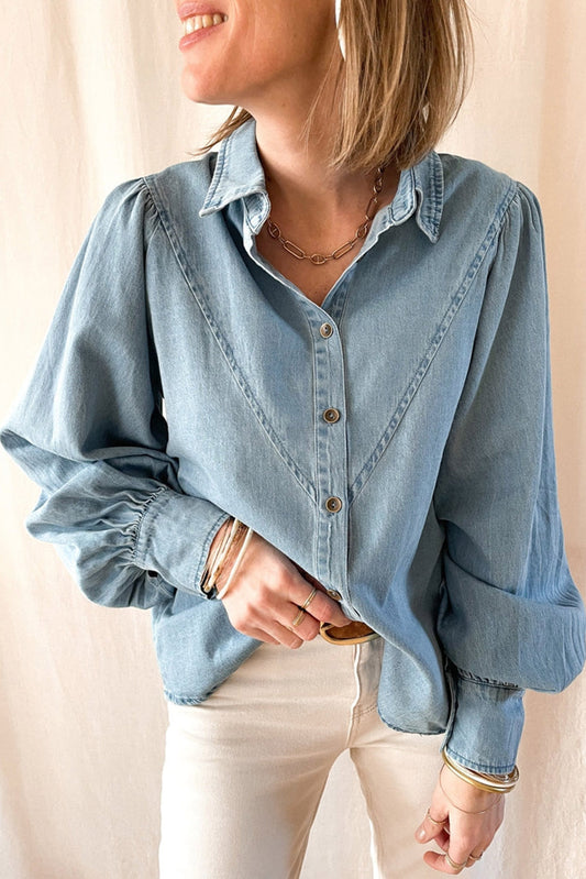 Sky Blue V-shape Stitching Puff Sleeve Denim Shirt Tops & Tees JT's Designer Fashion