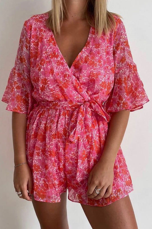 Pink V Neck Ruffled Sleeve Floral Romper Pink 100%Polyester Jumpsuits & Rompers JT's Designer Fashion