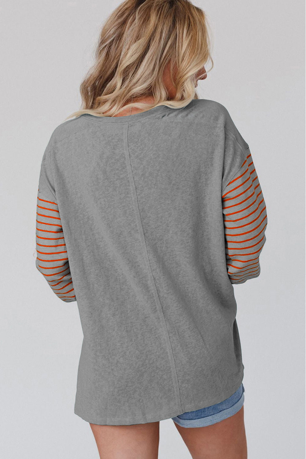 Gray Plus Size Striped Long Sleeve Colorblock Tee with Slits Plus Size JT's Designer Fashion