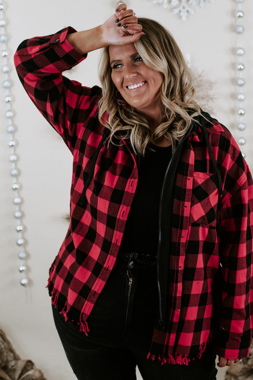 Ruby Plus Size Plaid Hooded Distressed Zip-Up Jacket Plus Size JT's Designer Fashion