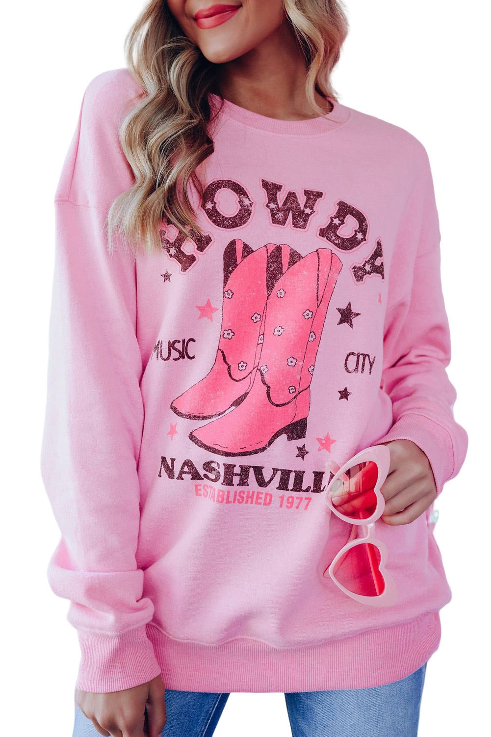 Pink HOWDY NASHVILLE Vintage Western Graphic Sweatshirt Graphic Sweatshirts JT's Designer Fashion