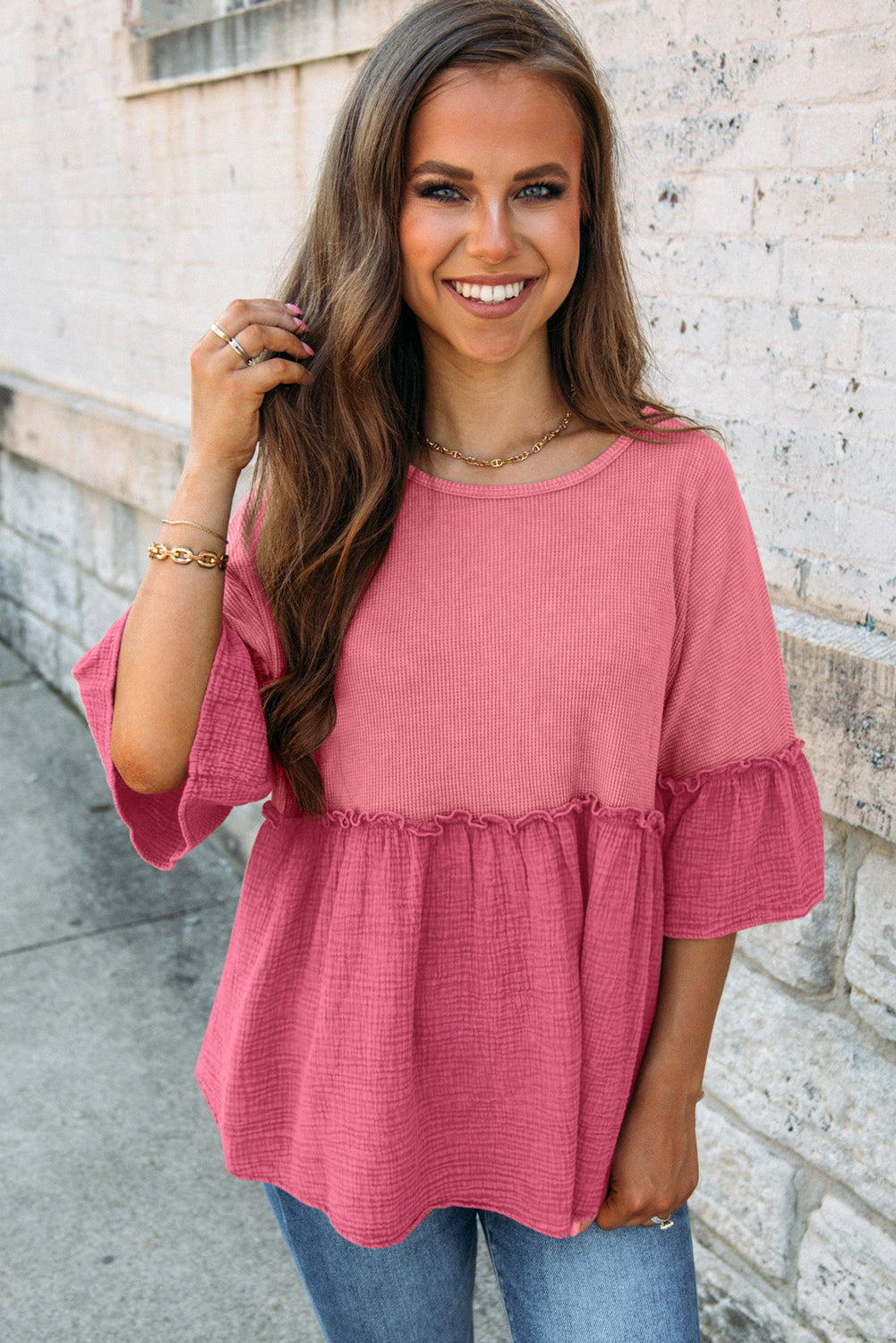 Pink 3/4 Ruffled Sleeve Textured Peplum Top Tops & Tees JT's Designer Fashion