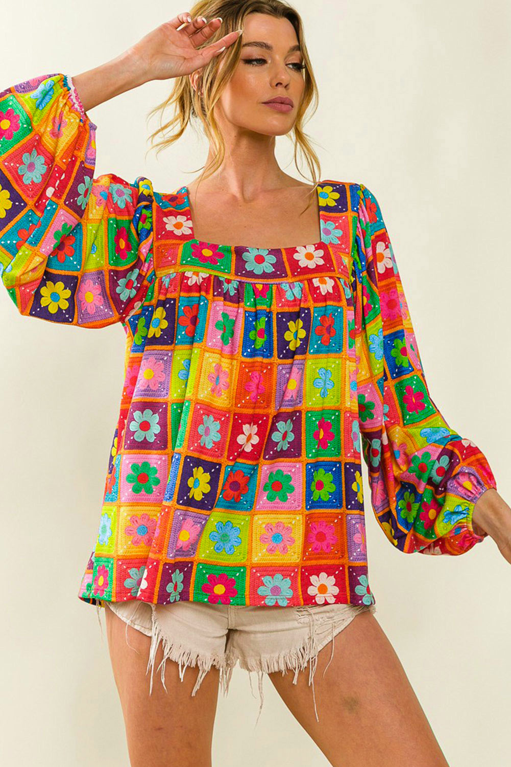 Multicolor Floral Crochet Square Neck Puff Sleeve Blouse Blouses & Shirts JT's Designer Fashion