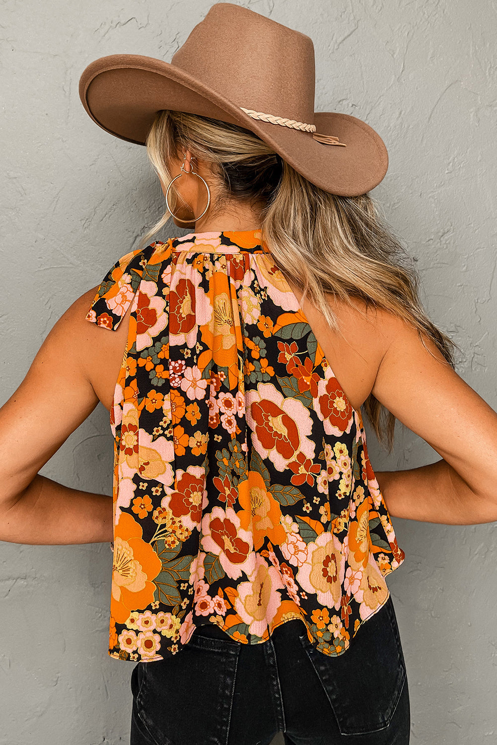 Orange Floral Print Knotted Halter Neck Sleeveless Top Tops & Tees JT's Designer Fashion