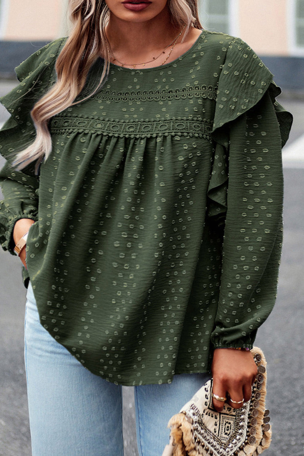 Mist Green Plus Lace Dotty Embellished Ruffle Long Sleeve Top Plus Size JT's Designer Fashion