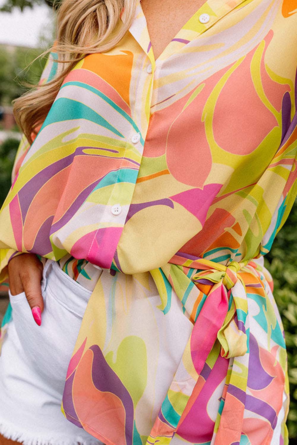 Multicolor Geometric Print Long Sleeve Tied Plus Size Shirt Plus Size JT's Designer Fashion