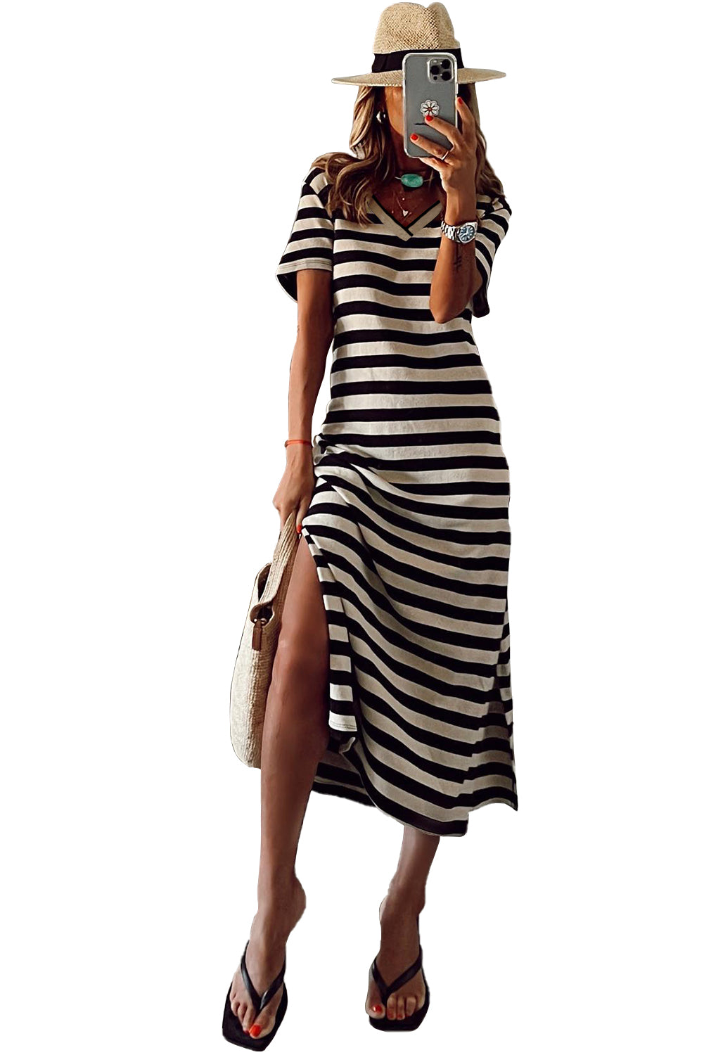 Black Stripe Print V Neck Maxi Dress with Side Splits Maxi Dresses JT's Designer Fashion