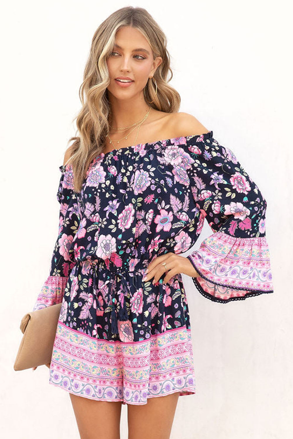 Blue Floral Patchwork High Waist Off Shoulder Romper Jumpsuits & Rompers JT's Designer Fashion