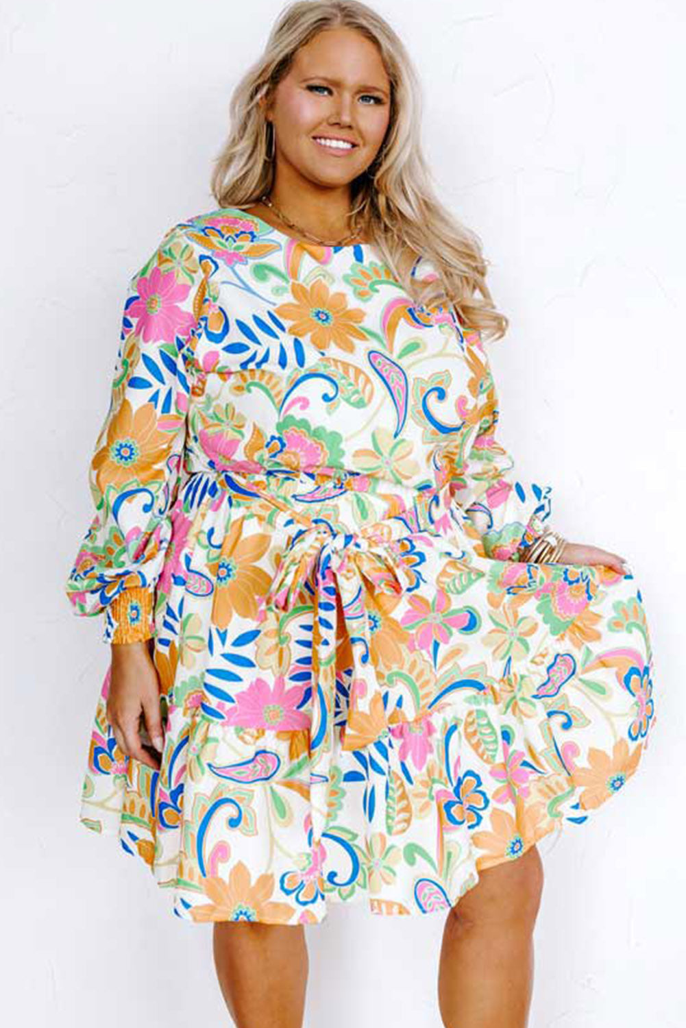 Orange Paisley Floral Print Belted Plus Size Dress Plus Size JT's Designer Fashion