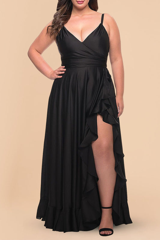 Black Ruffled Thigh High Slit Sleeveless Plus Size Evening Dress Plus Size JT's Designer Fashion