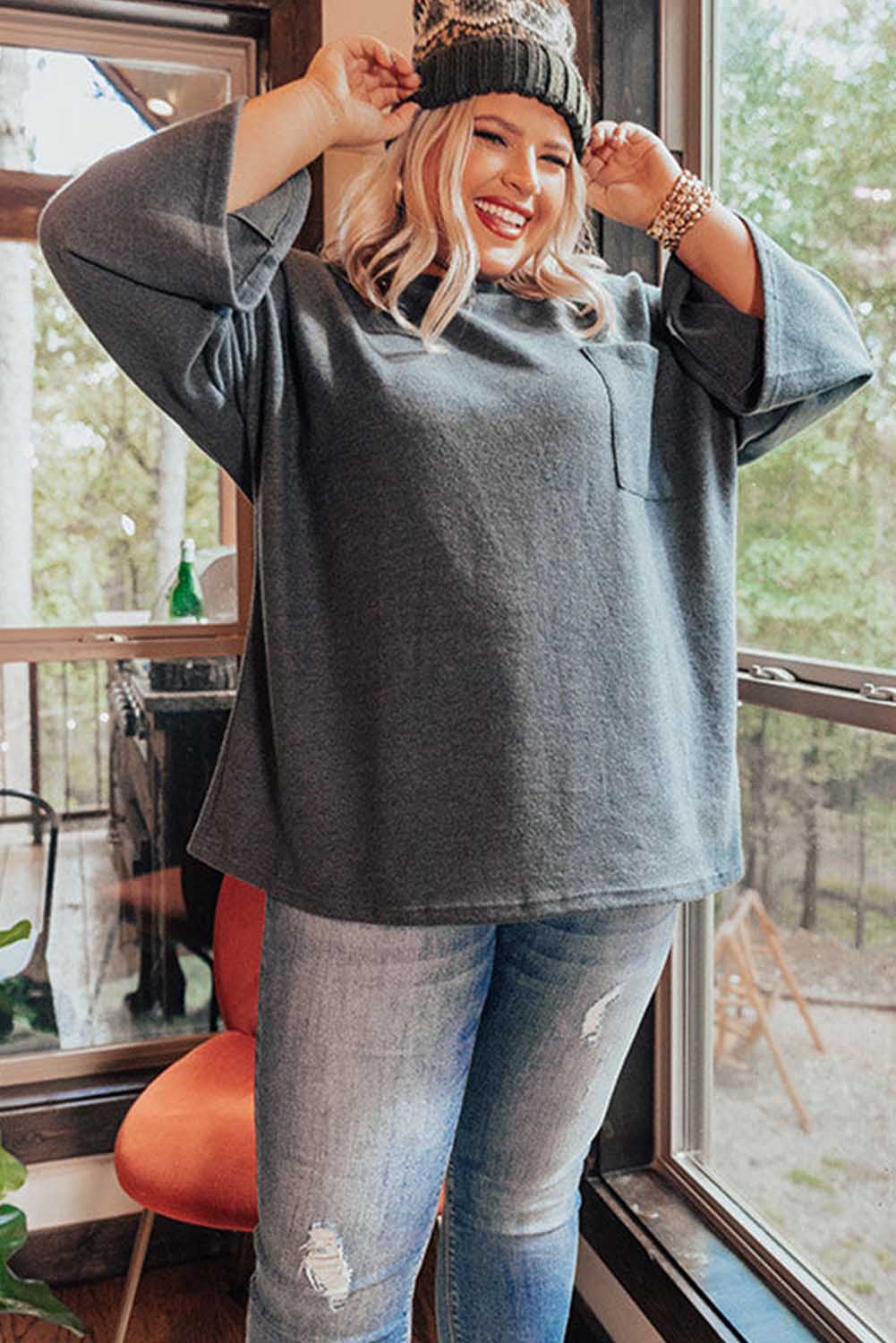 Gray Chest Pocket Loose Plus Size Sweatshirt Plus Size JT's Designer Fashion