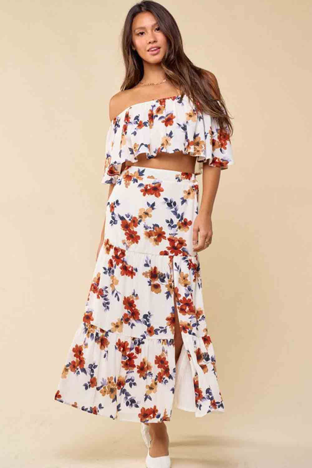 White Floral Print Off-shoulder Crop Top and Maxi Skirt Set Dresses JT's Designer Fashion