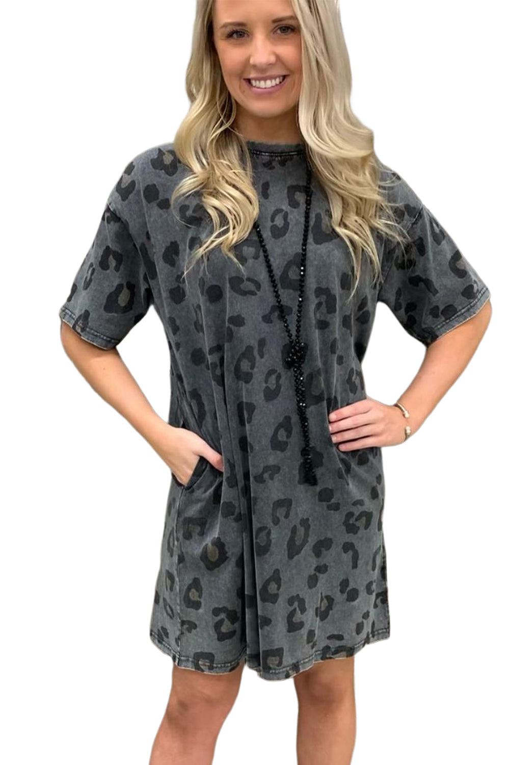 Gray Vintage Washed Leopard T-Shirt Dress with Pockets T Shirt Dresses JT's Designer Fashion