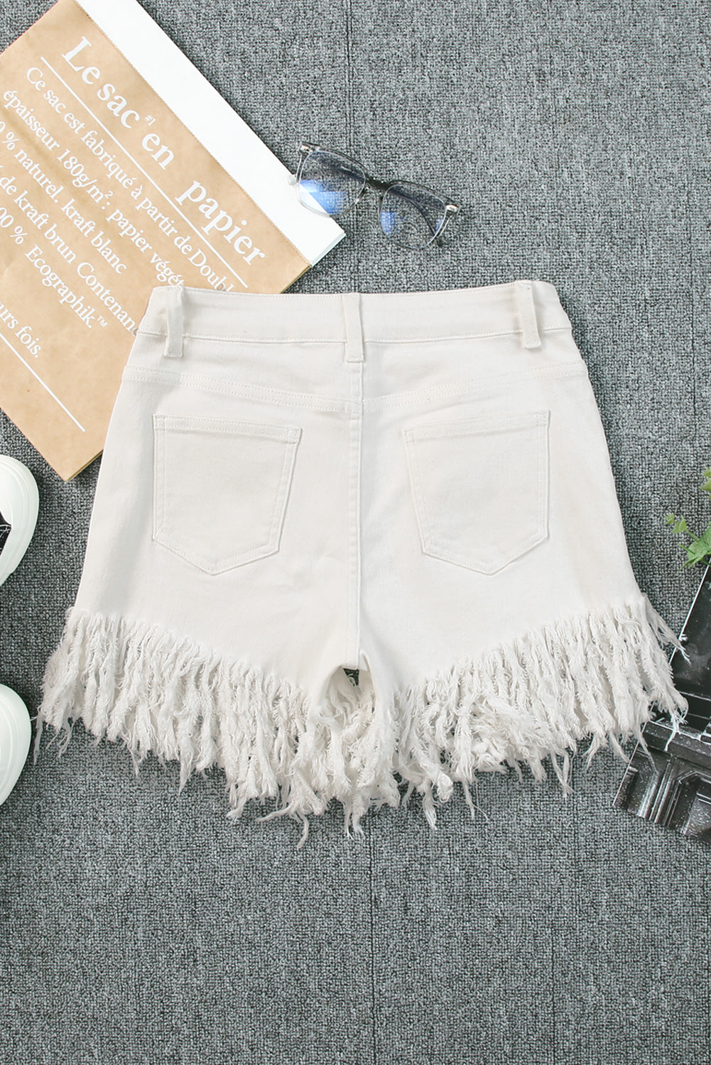 Beige Tassel Sequin Distressed High Waist Denim Shorts Denim Shorts JT's Designer Fashion