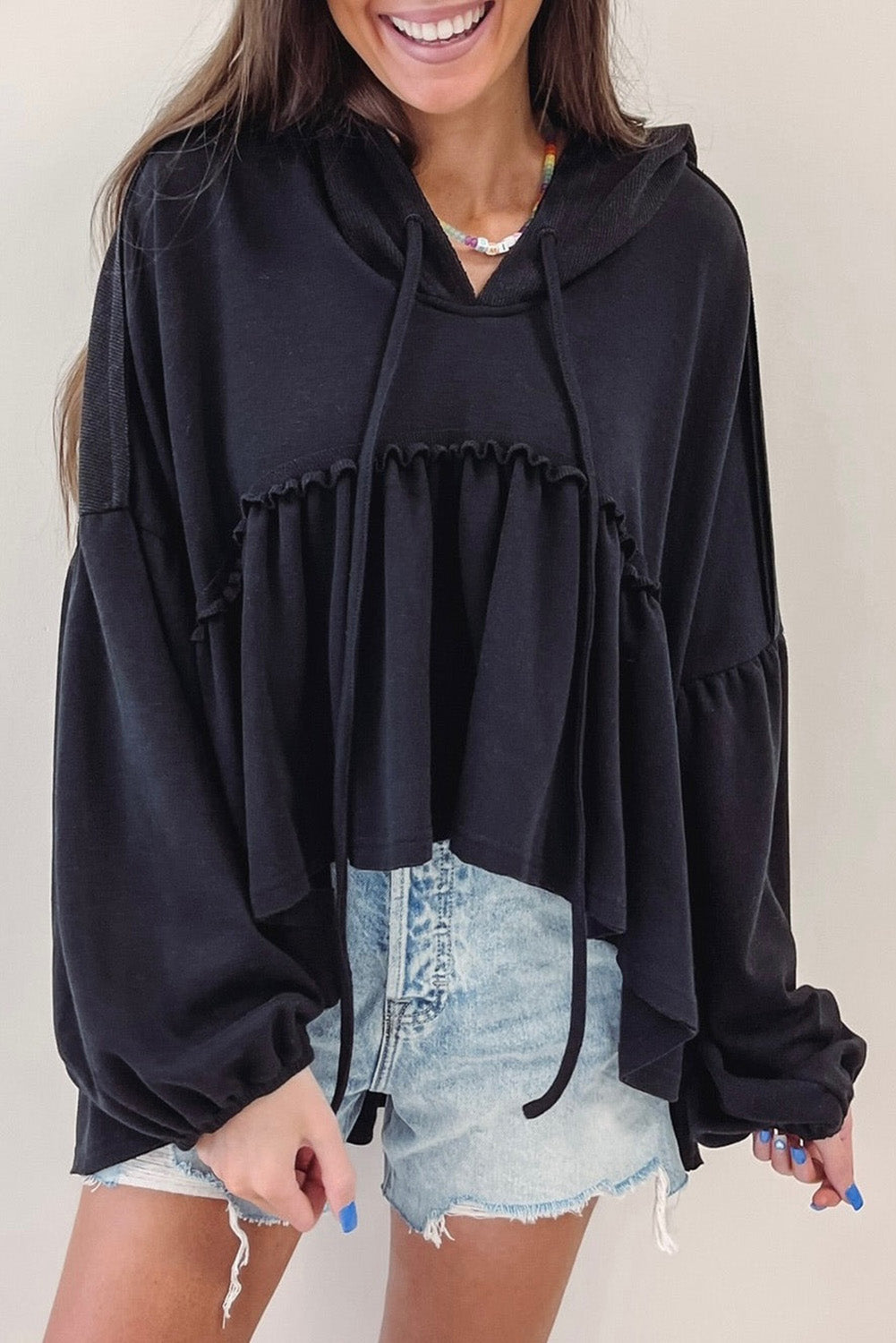 Black Oversized Ruffled High Low Hem Drop Shoulder Hoodie Tops & Tees JT's Designer Fashion