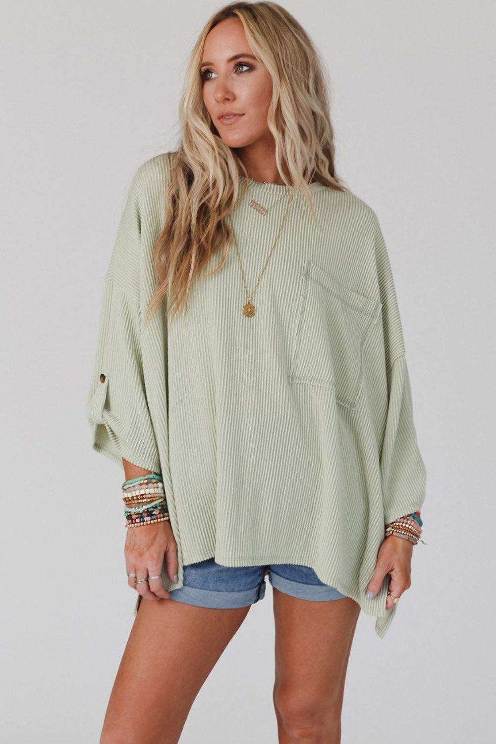 Green Ribbed Roll-tab Sleeve Chest Pocket Oversize Top Tops & Tees JT's Designer Fashion