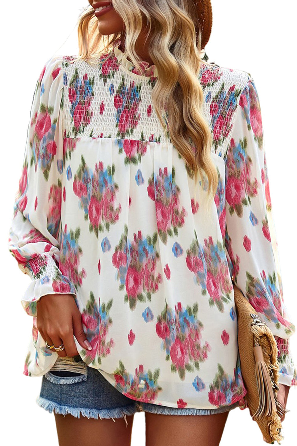 Sky Blue Floral Smocked Long Sleeve Frill High Neck Blouse Tops & Tees JT's Designer Fashion