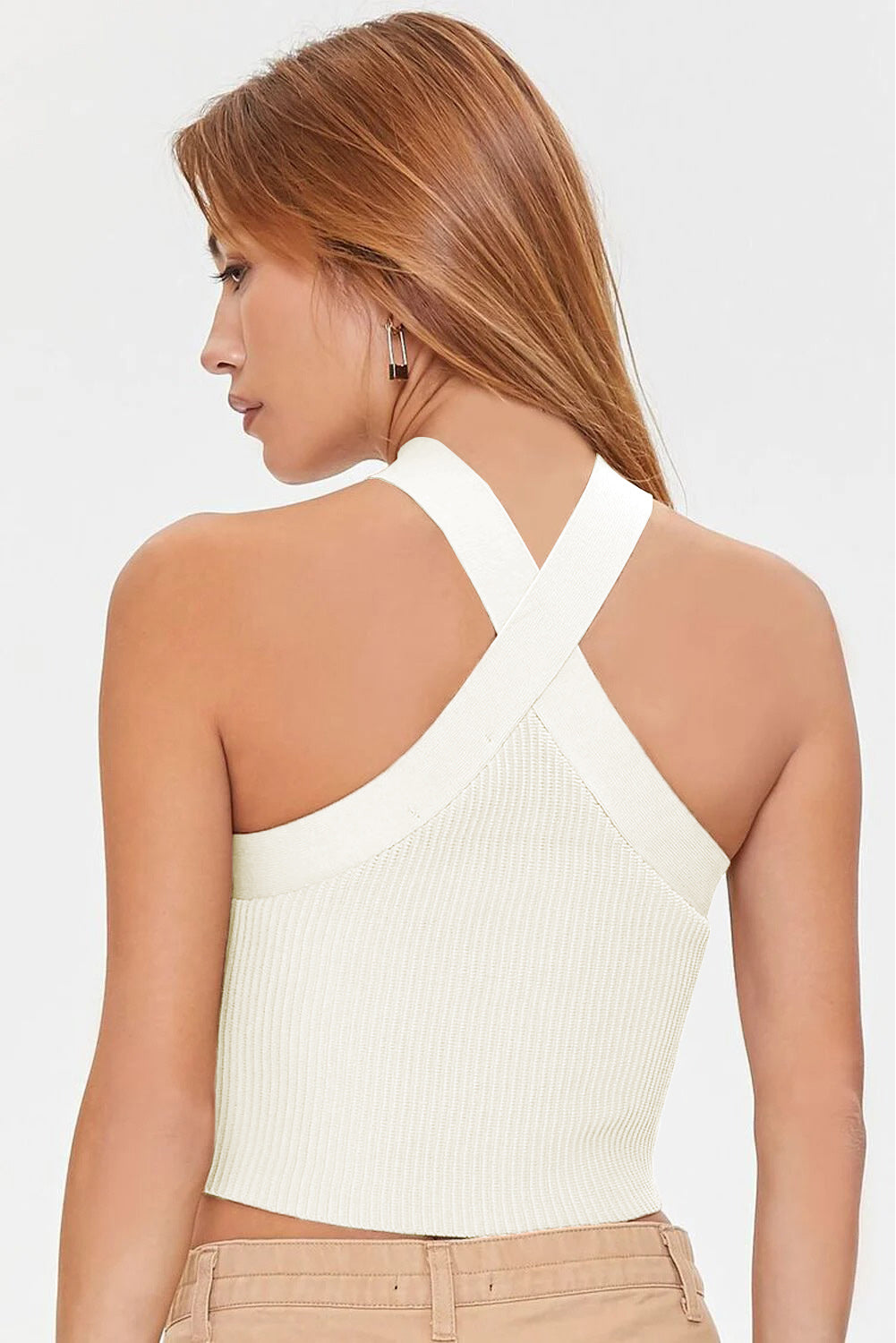 White Ribbed Knit Criss Cross Halter Neck Tank Top Tank Tops JT's Designer Fashion