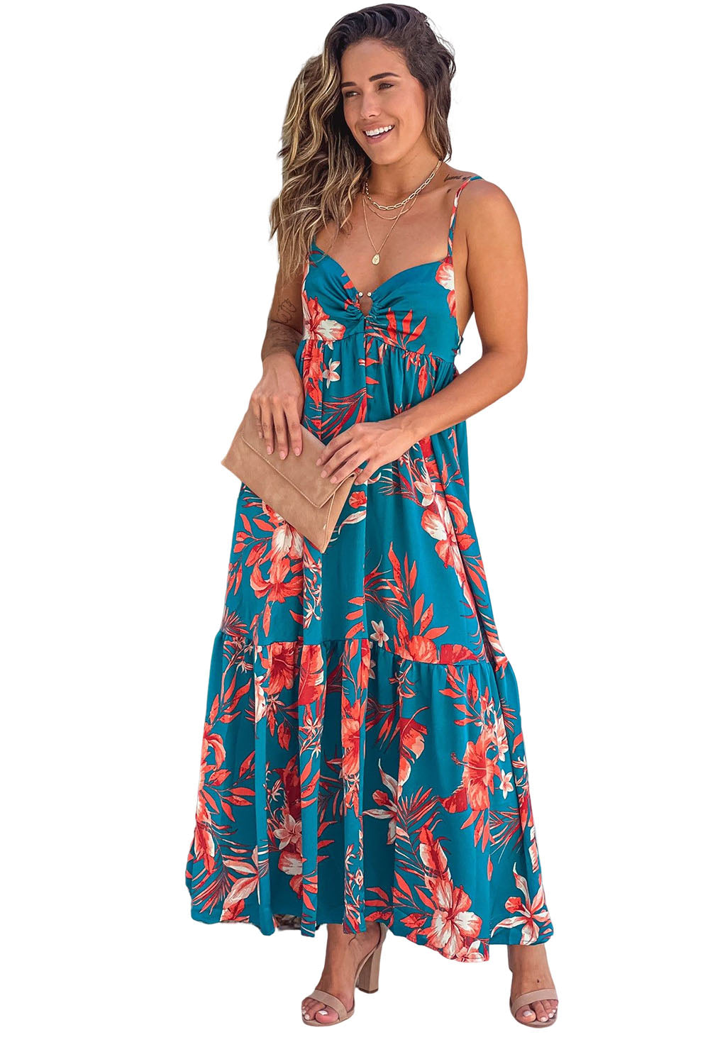 Sky Blue Strappy Open Back Floral Maxi Dress Floral Dresses JT's Designer Fashion