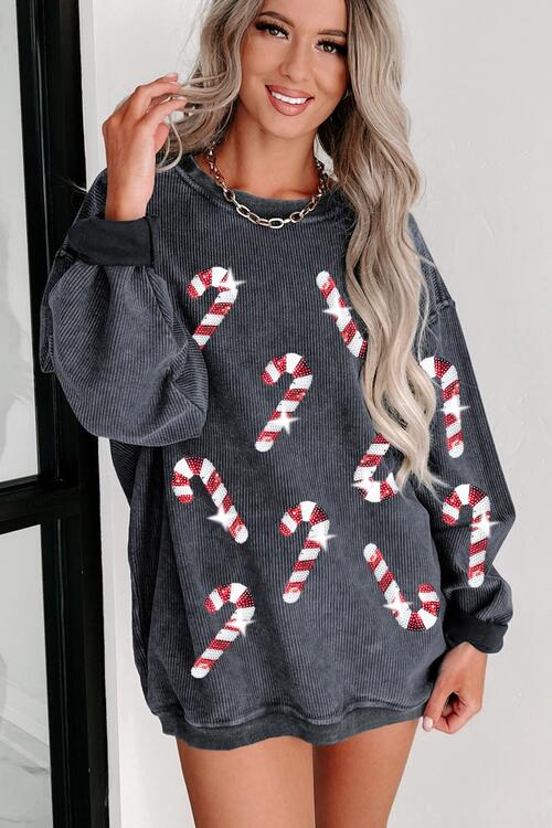 Sequin Candy Cane Round Neck Sweatshirt Graphic Sweatshirts JT's Designer Fashion