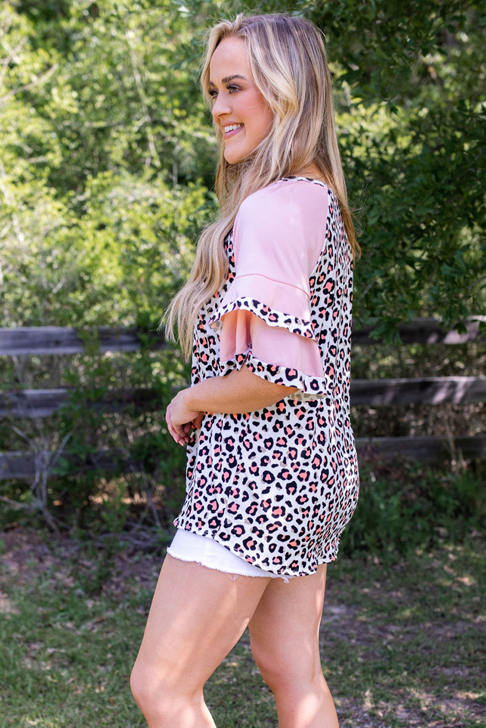 Pink Plus Size Ruffle Raglan Sleeve Leopard Top Plus Size JT's Designer Fashion