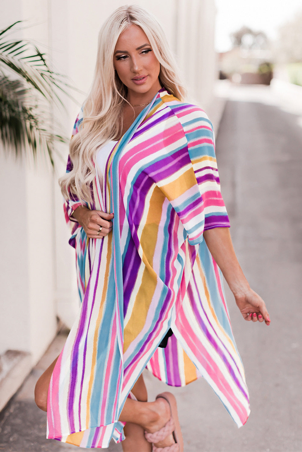 Multicolor Striped Print Oversized Kimono Kimonos JT's Designer Fashion