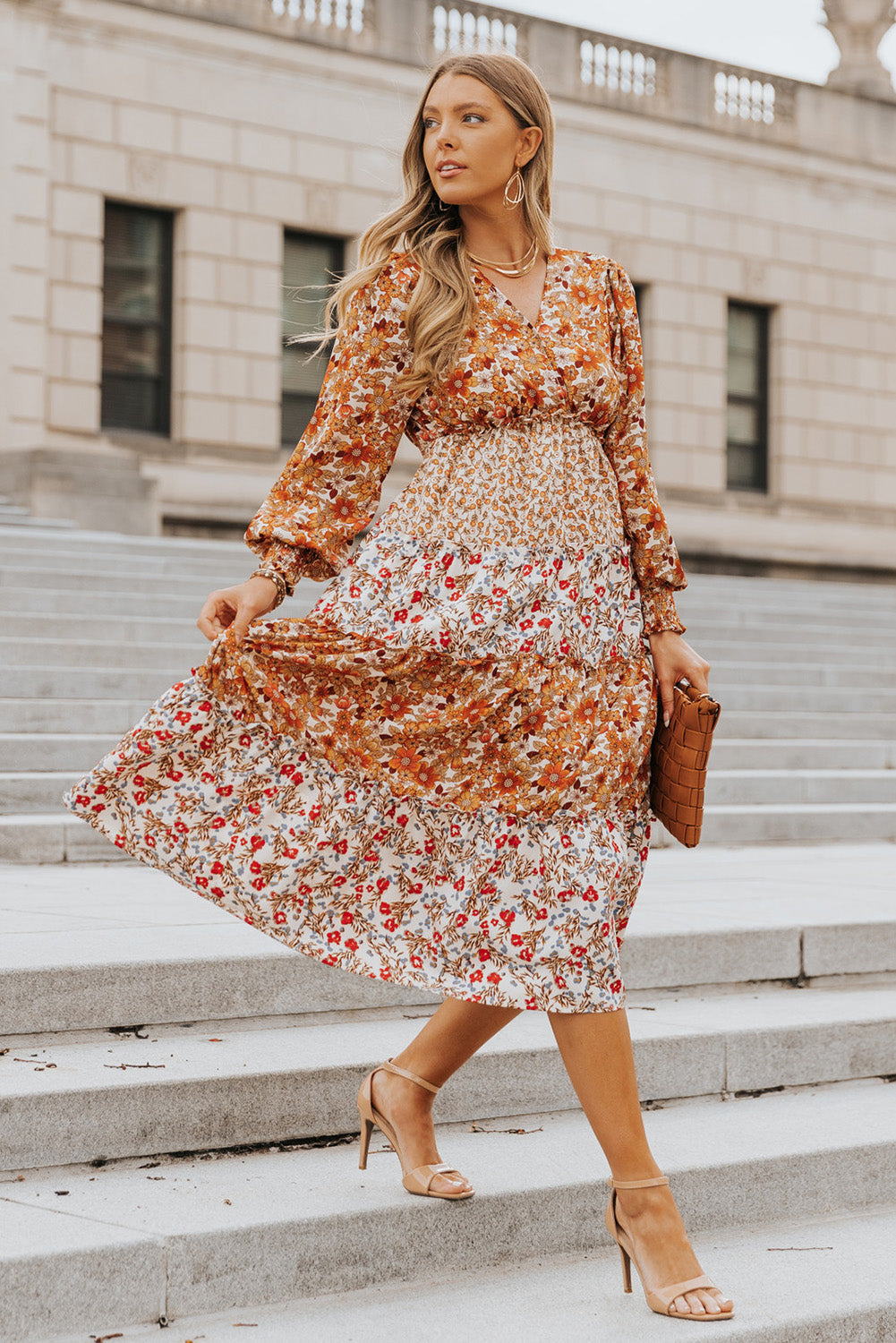 Orange Mix Floral Patchwork Frill Tiered Dress Floral Dresses JT's Designer Fashion