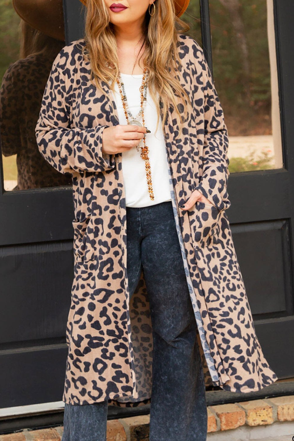 Leopard Plus Size Open Front Pocketed Long Cardigan Plus Size JT's Designer Fashion