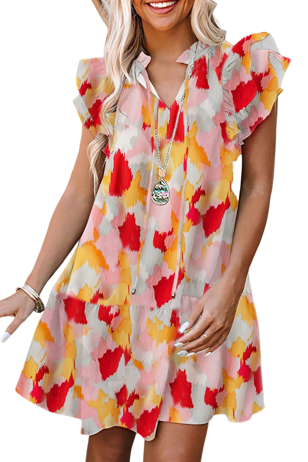 Multicolor Abstract Printed Tie V Neck Ruffle Sleeve Dress Mini Dresses JT's Designer Fashion